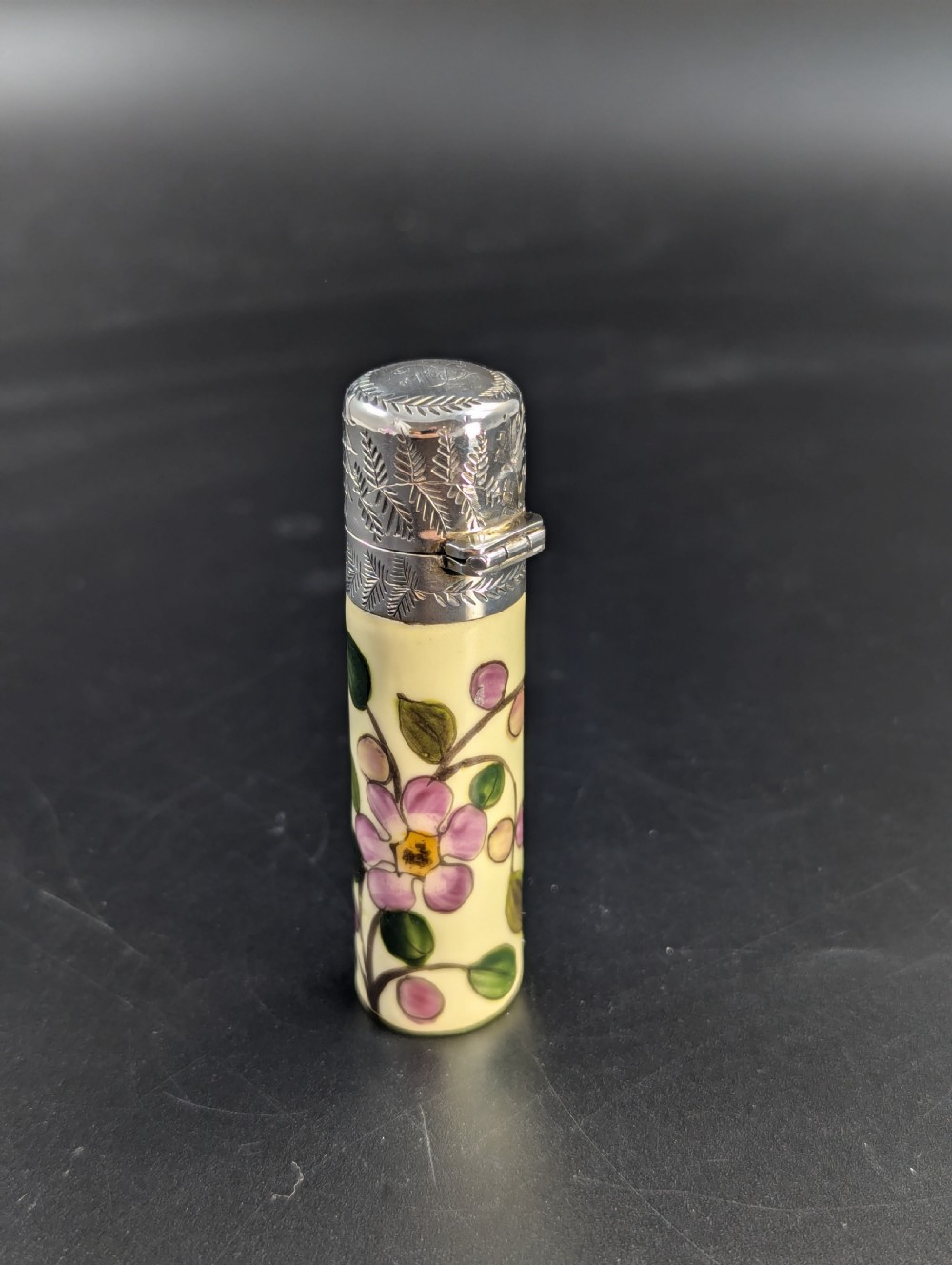 Antique  Hand Painted Ceramic Scent, Perfume Bottle Repousse Sterling Silver Top  View IV