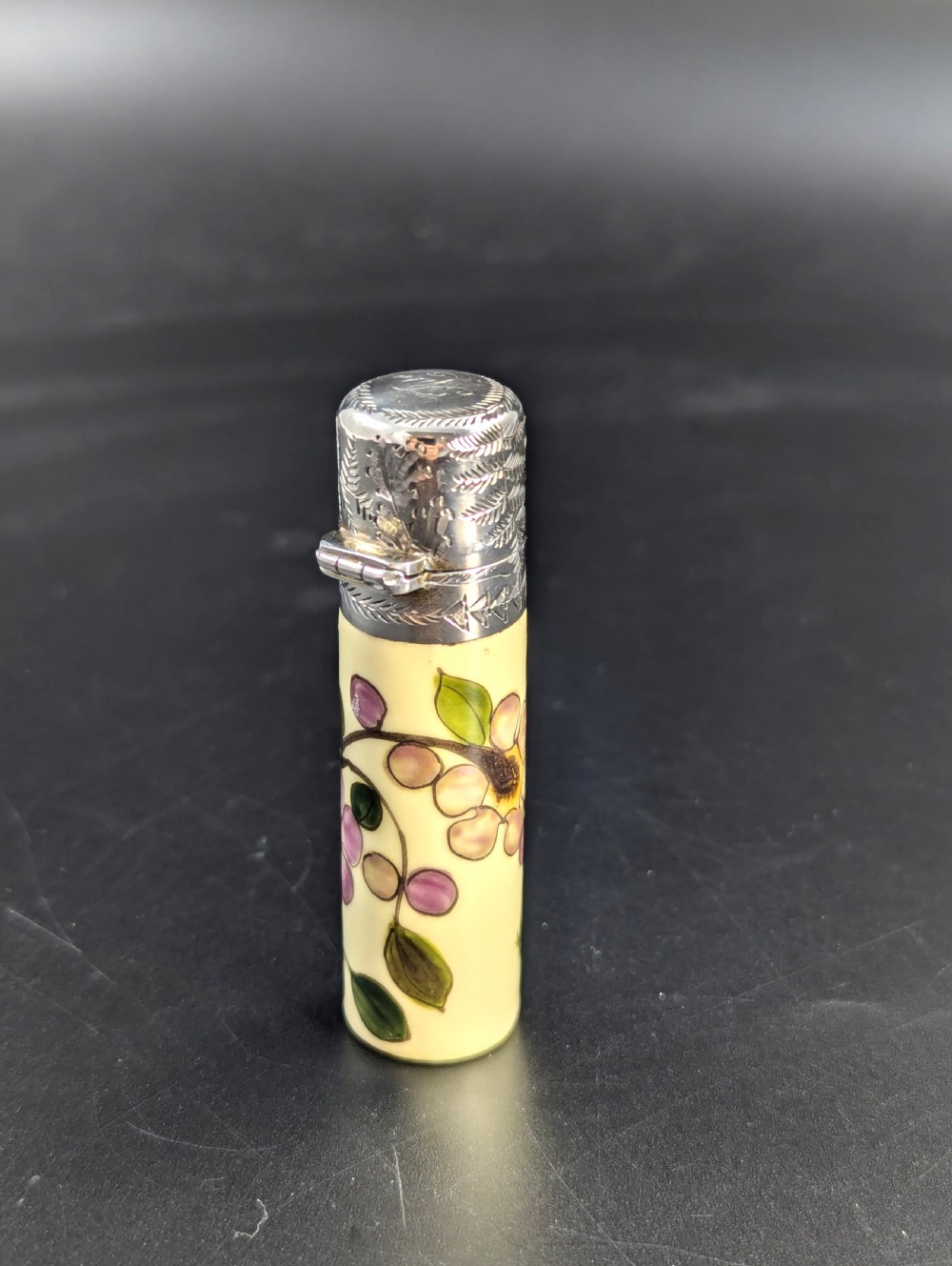 Antique  Hand Painted Ceramic Scent, Perfume Bottle Repousse Sterling Silver Top  View V
