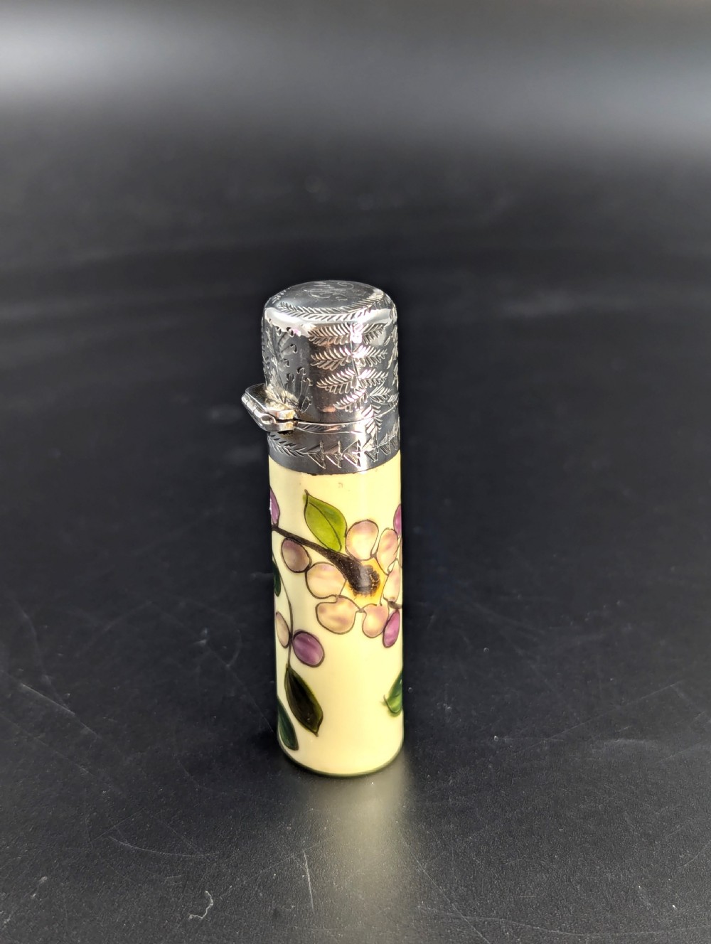 Antique  Hand Painted Ceramic Scent, Perfume Bottle Repousse Sterling Silver Top  View VI