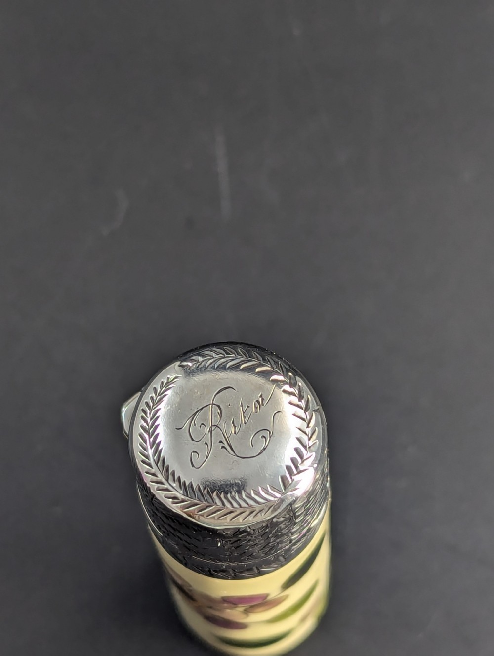 Antique  Hand Painted Ceramic Scent, Perfume Bottle Repousse Sterling Silver Top  View VII