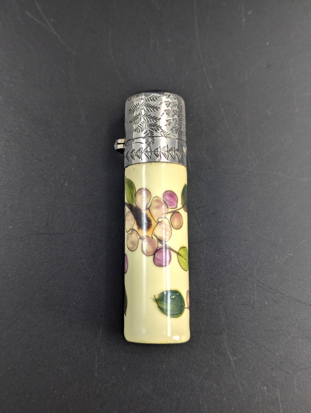 Antique  Hand Painted Ceramic Scent, Perfume Bottle Repousse Sterling Silver Top  View IX