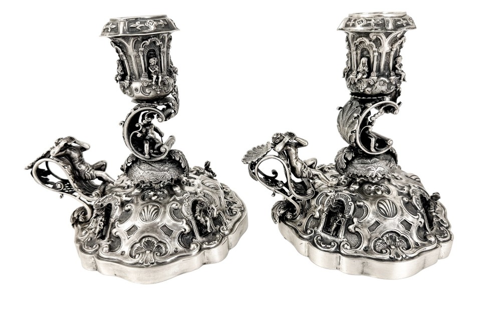Hanau - Renaissance Revival pair of large figural candlesticks with Pan, cherubs and musicians