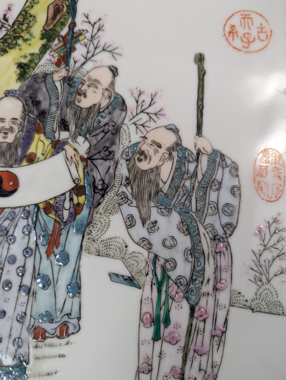 Antique Chinese famille rose plaque, Five Elders with Taiji scroll, hand-painted View VII