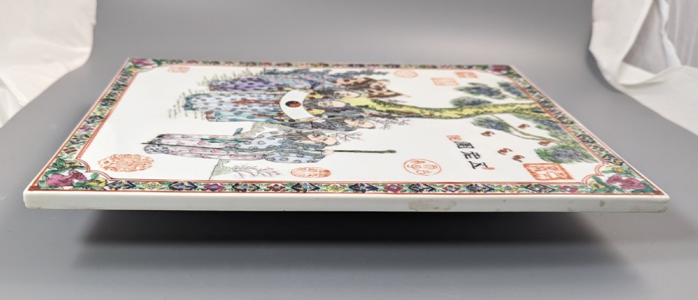 Antique Chinese famille rose plaque, Five Elders with Taiji scroll, hand-painted View XI