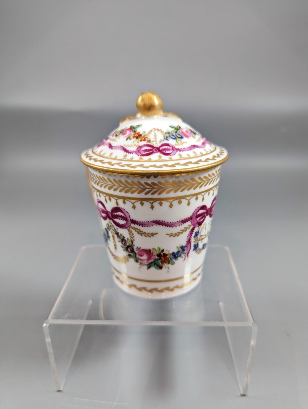 Floral and gold mid-18th century Sèvres style cup, saucer and lid set View II