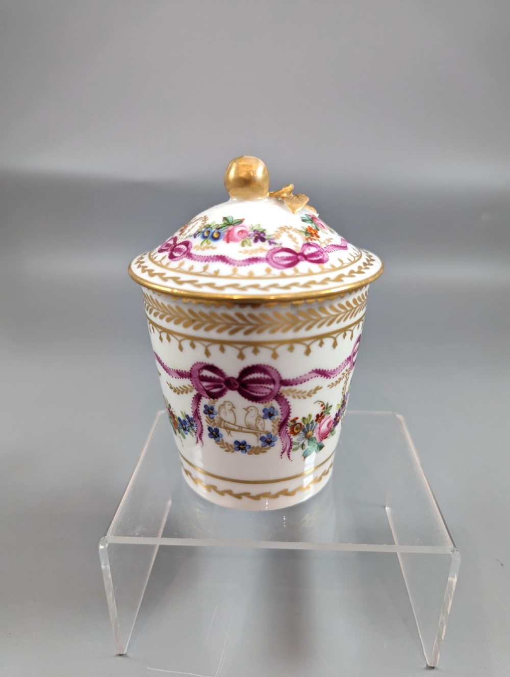 Floral and gold mid-18th century Sèvres style cup, saucer and lid set View III