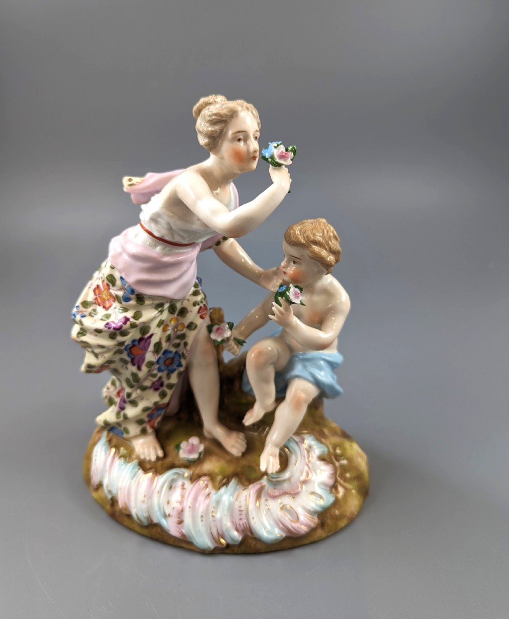 Antique Figurine of a Woman and a Cherub by Sitzendorf, c.1890.
