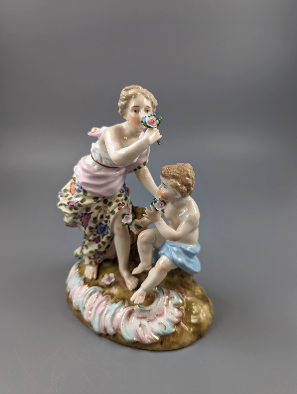 Antique Figurine of a Woman and a Cherub by Sitzendorf, c.1890. View II