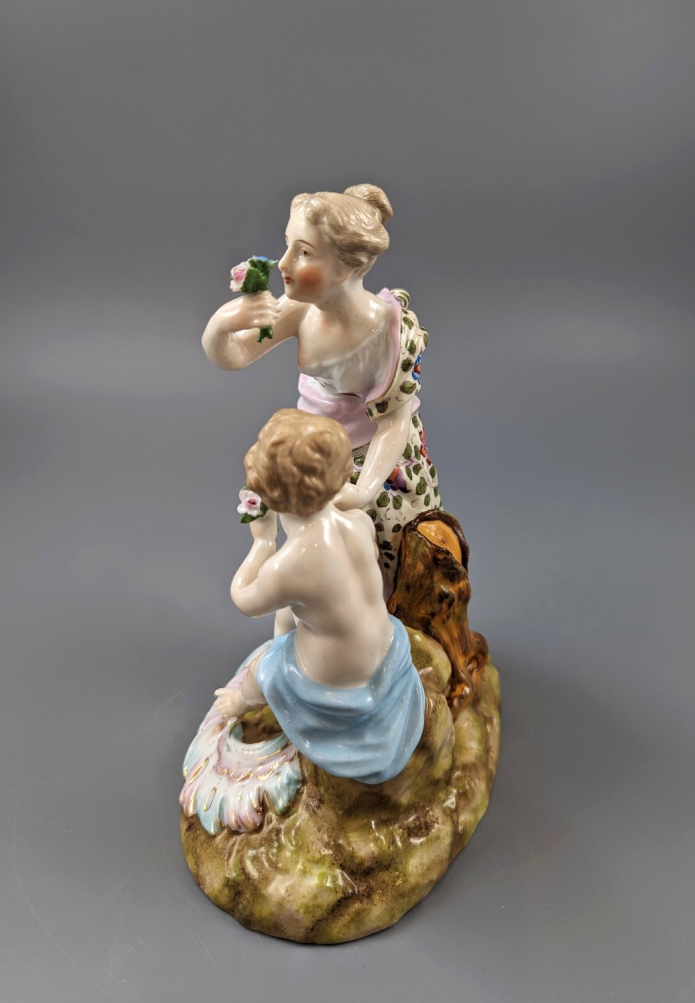 Antique Figurine of a Woman and a Cherub by Sitzendorf, c.1890. View III