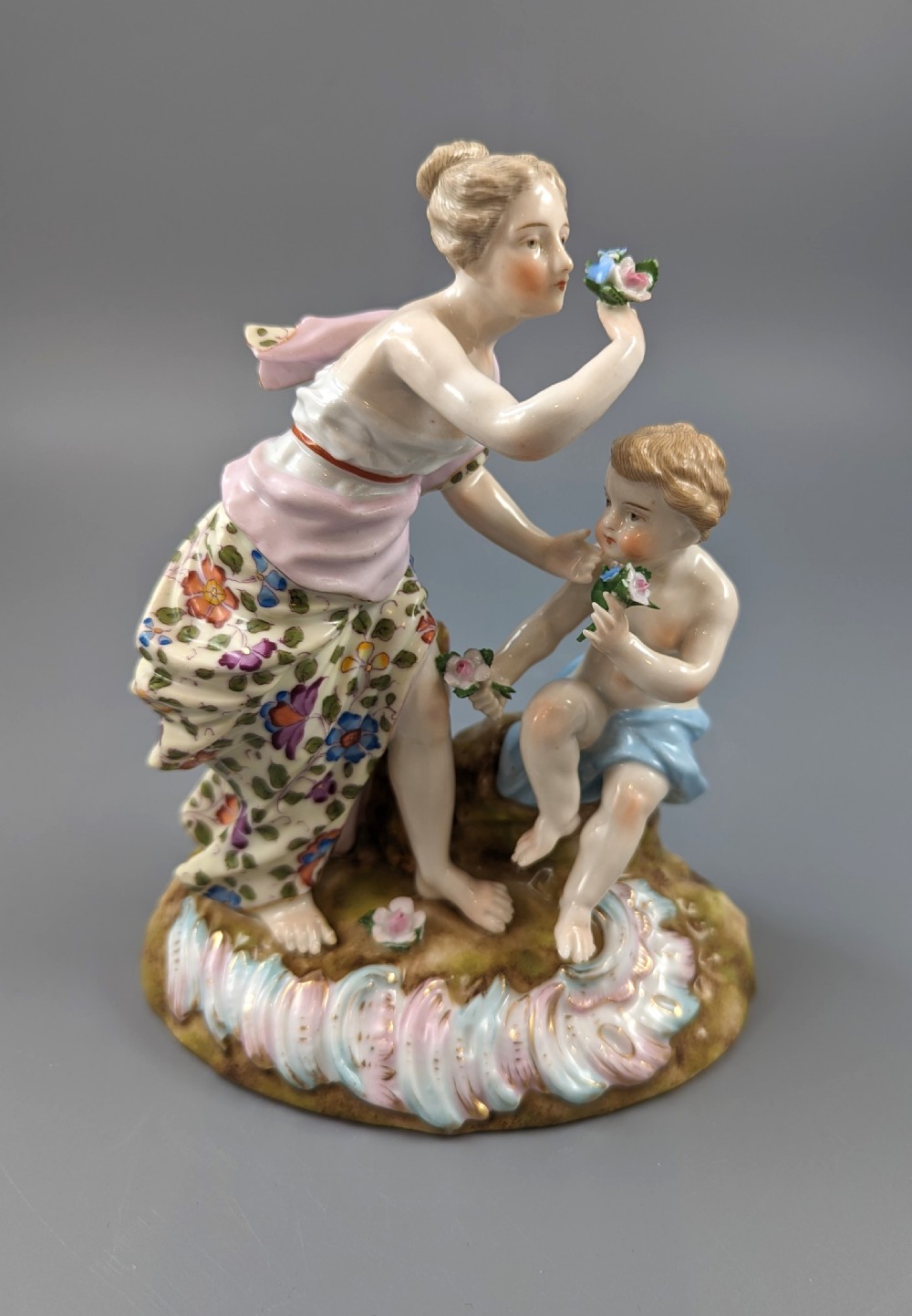 Antique Figurine of a Woman and a Cherub by Sitzendorf, c.1890. View VIII