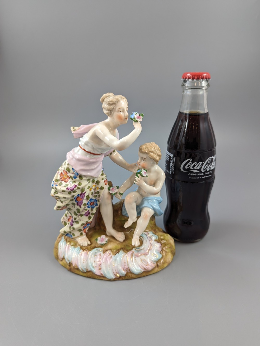 Antique Figurine of a Woman and a Cherub by Sitzendorf, c.1890. View X