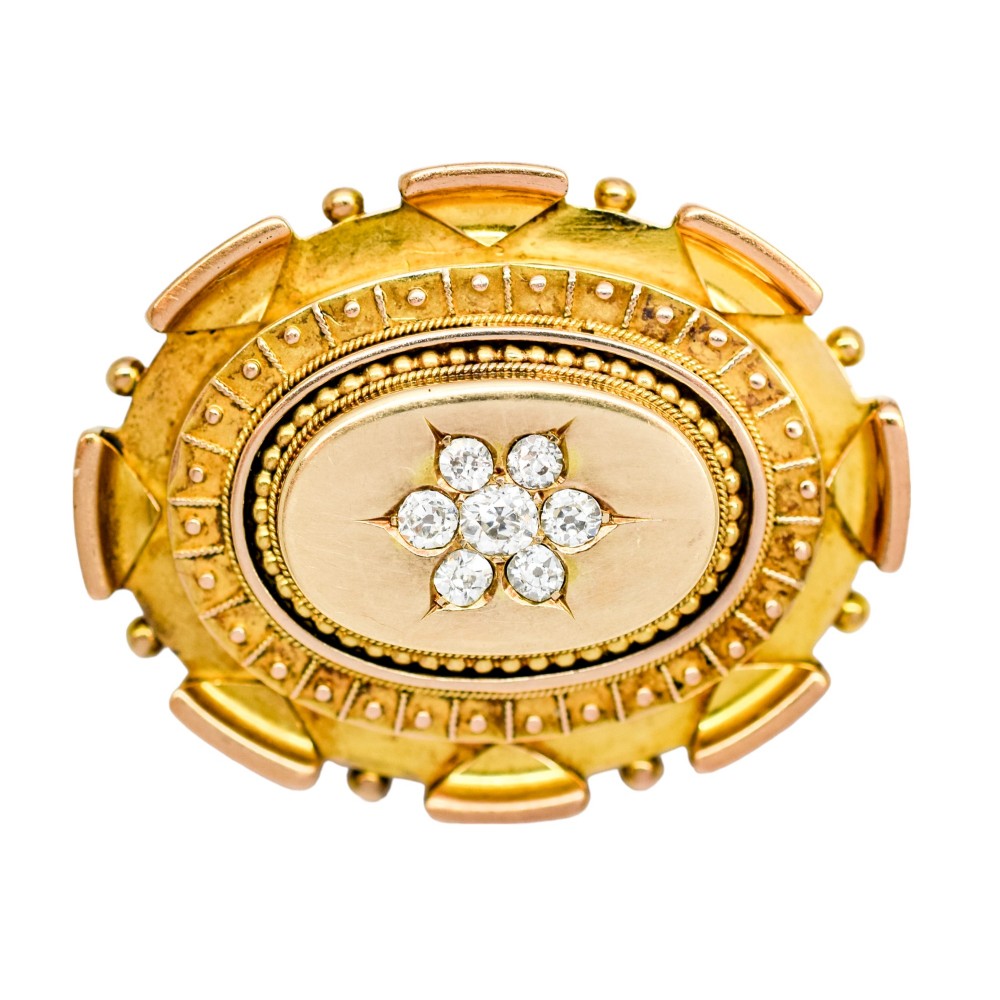 Antique Victorian Etruscan Revival 15ct gold locket brooch, 0.6ct Old-cut diamonds, 13.22g
