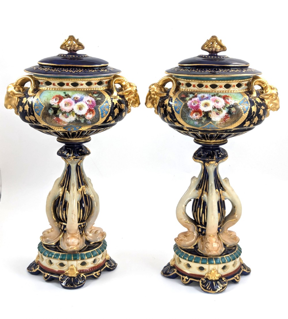 Antique Rudolstadt RW Vases with Dolphins, Late 19th Century