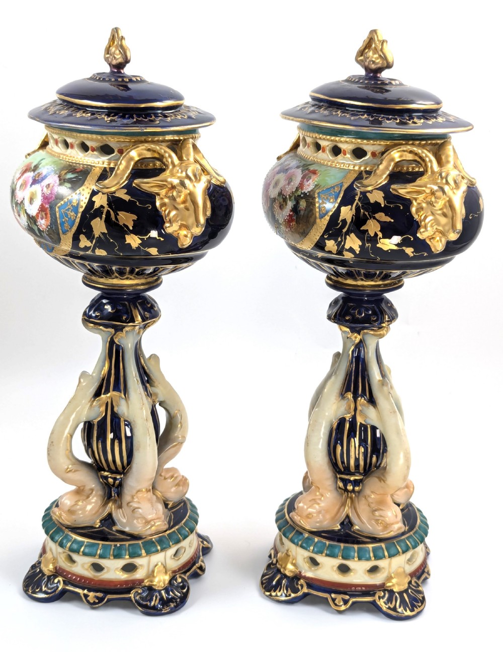 Antique Rudolstadt RW Vases with Dolphins, Late 19th Century View II