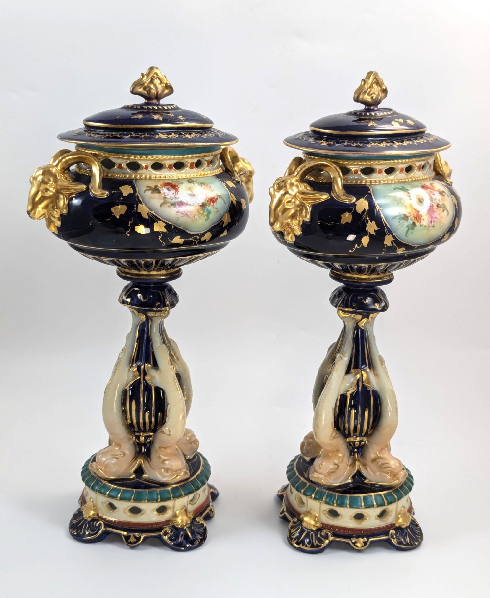 Antique Rudolstadt RW Vases with Dolphins, Late 19th Century View III