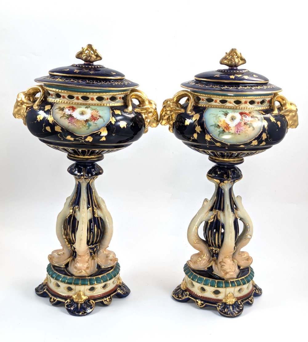 Antique Rudolstadt RW Vases with Dolphins, Late 19th Century View IV
