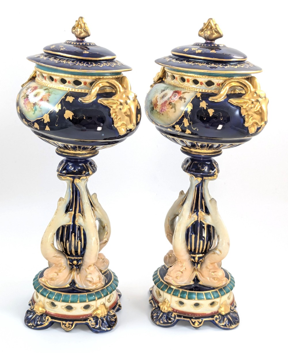Antique Rudolstadt RW Vases with Dolphins, Late 19th Century View V