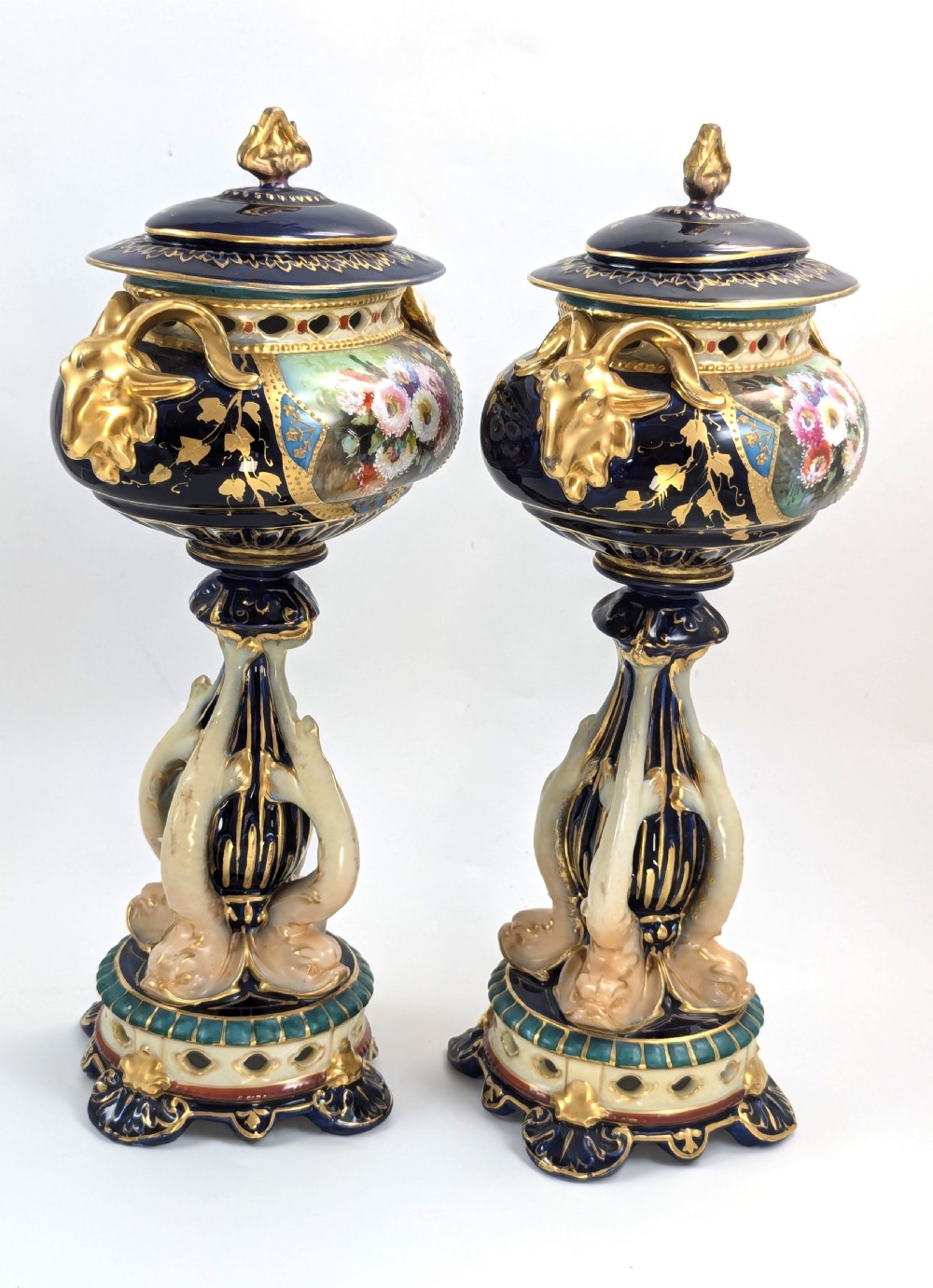 Antique Rudolstadt RW Vases with Dolphins, Late 19th Century View VI