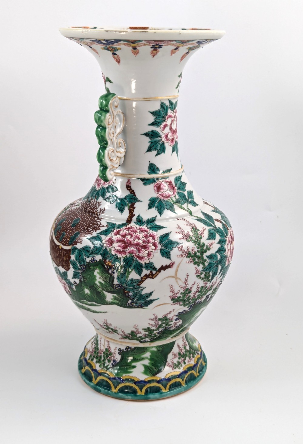 A 19th-century Japanese Kyoto Satsuma porcelain vase featuring scroll handles, a flared rim, and detailed polychrome enamel depictions of human figures and peony blossoms. View III
