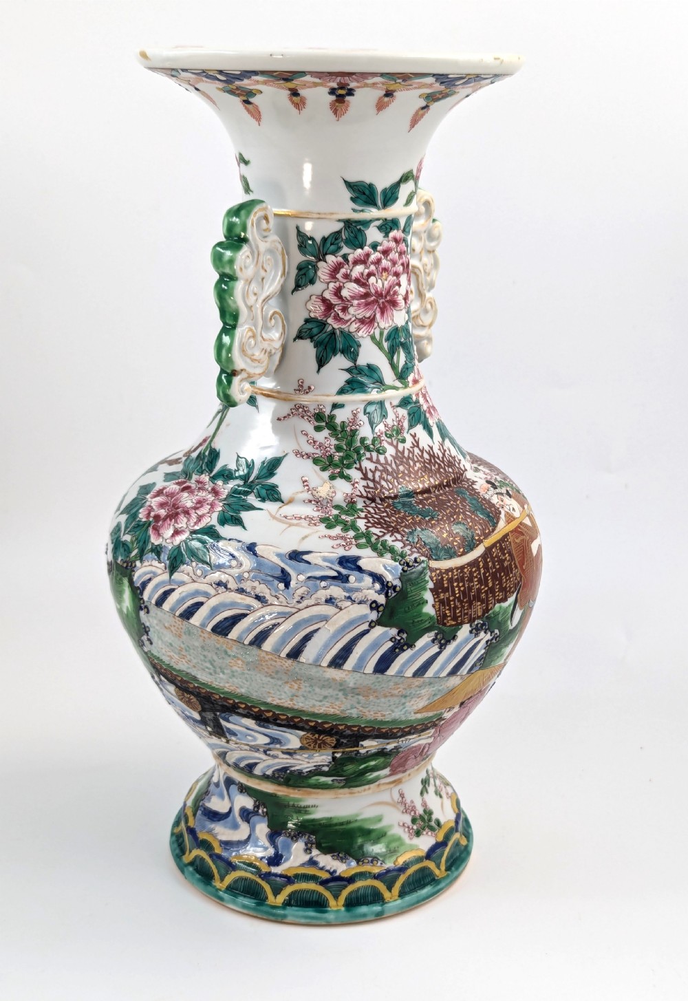 A 19th-century Japanese Kyoto Satsuma porcelain vase featuring scroll handles, a flared rim, and detailed polychrome enamel depictions of human figures and peony blossoms. View VI