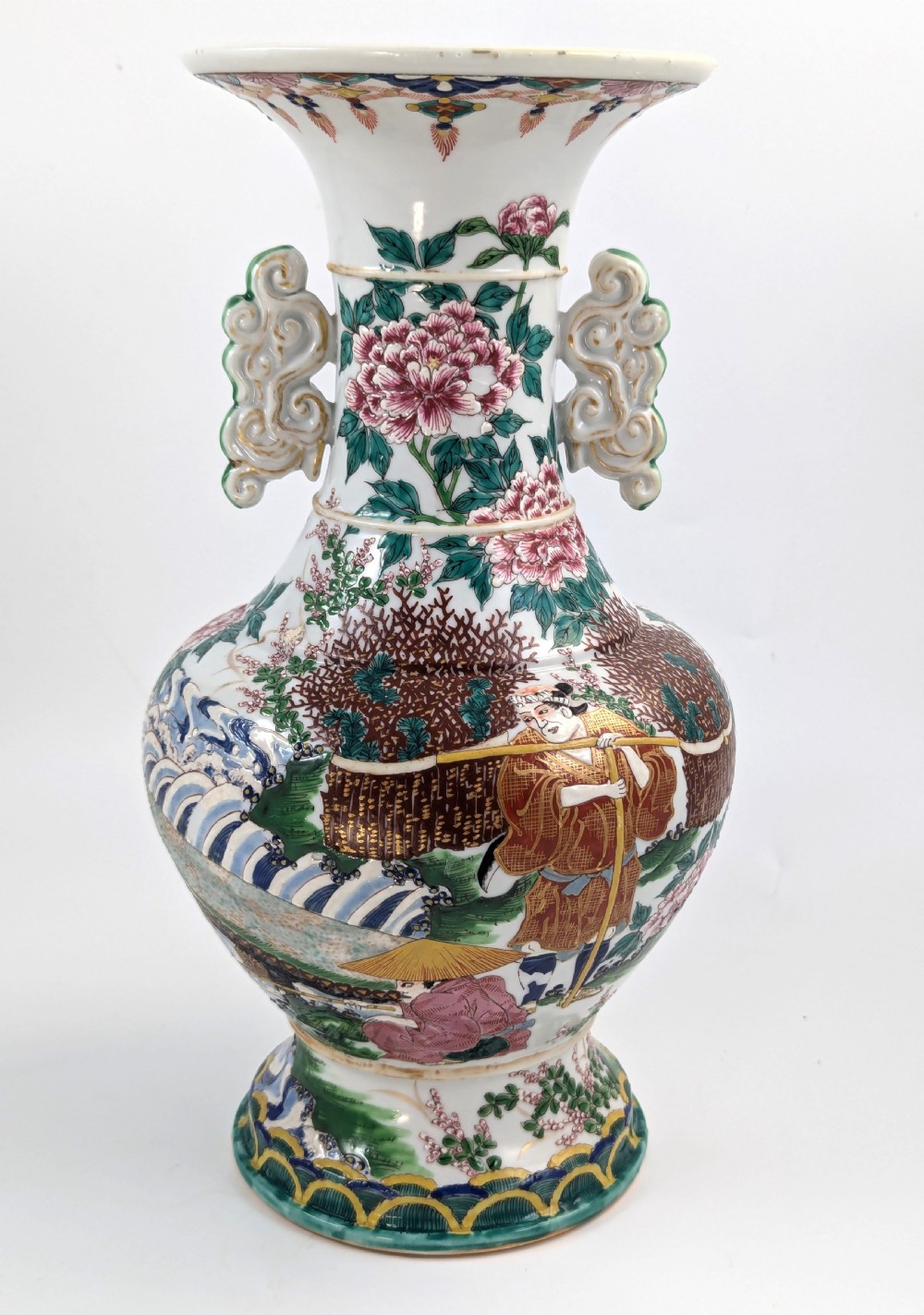 A 19th-century Japanese Kyoto Satsuma porcelain vase featuring scroll handles, a flared rim, and detailed polychrome enamel depictions of human figures and peony blossoms. View VII