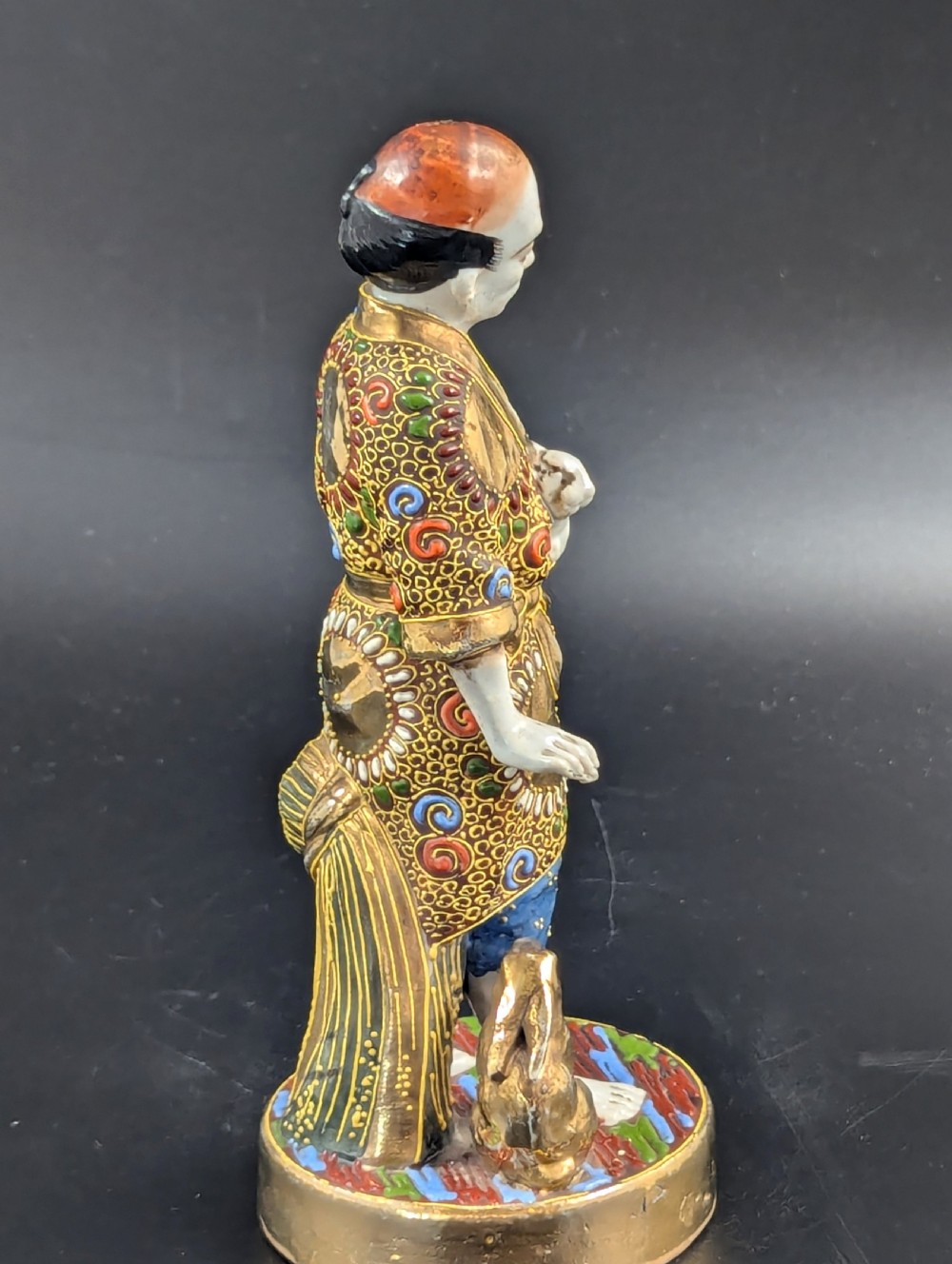 Antique Japanese Satsuma Porcelain Figurine Man with Rabbits, Meiji period (1868 -1912). View IV