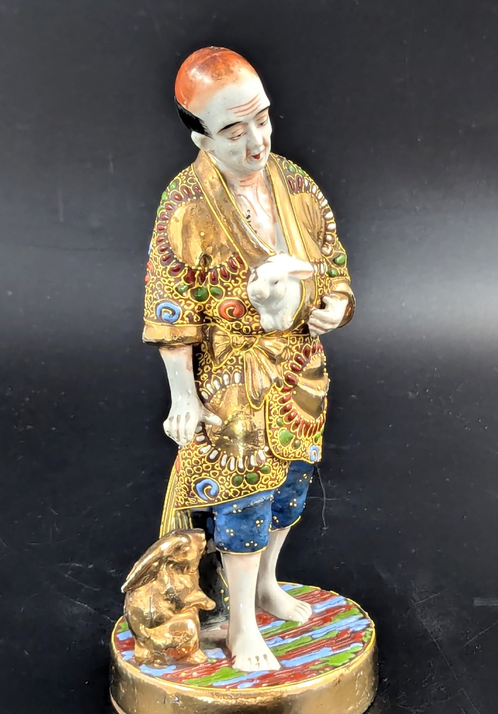 Antique Japanese Satsuma Porcelain Figurine Man with Rabbits, Meiji period (1868 -1912). View V
