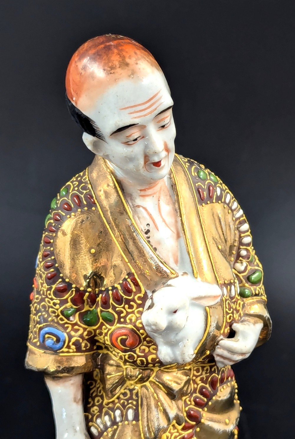 Antique Japanese Satsuma Porcelain Figurine Man with Rabbits, Meiji period (1868 -1912). View VII