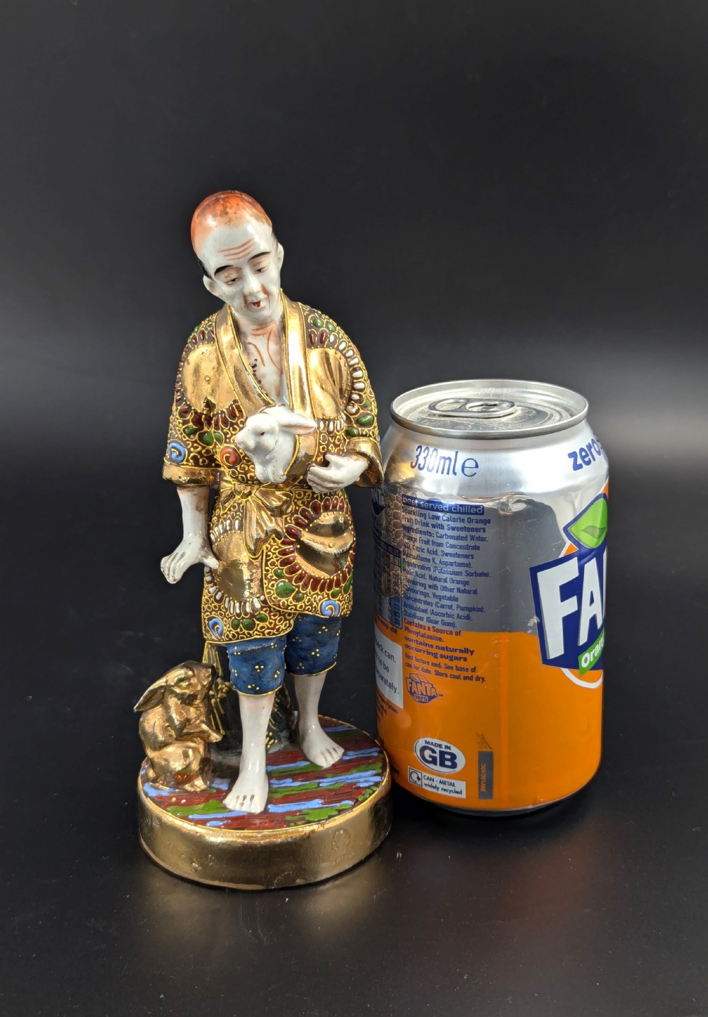Antique Japanese Satsuma Porcelain Figurine Man with Rabbits, Meiji period (1868 -1912). View X