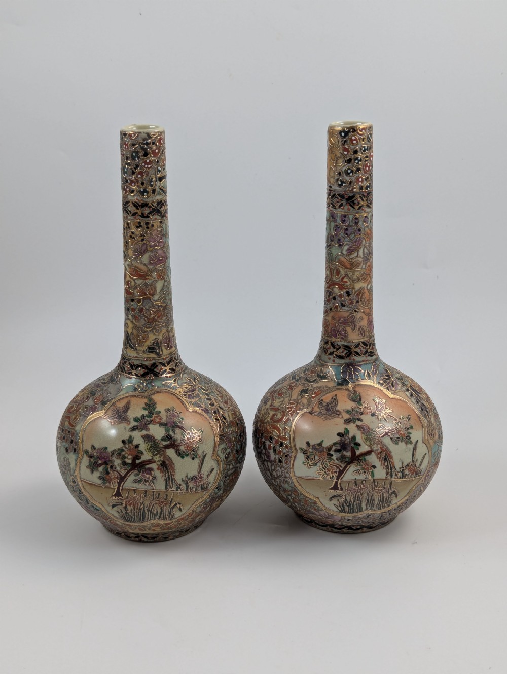 Antique Handpainted Bud Vases, Satsuma, signed by Gyokushu, Meiji period (1868-1912).