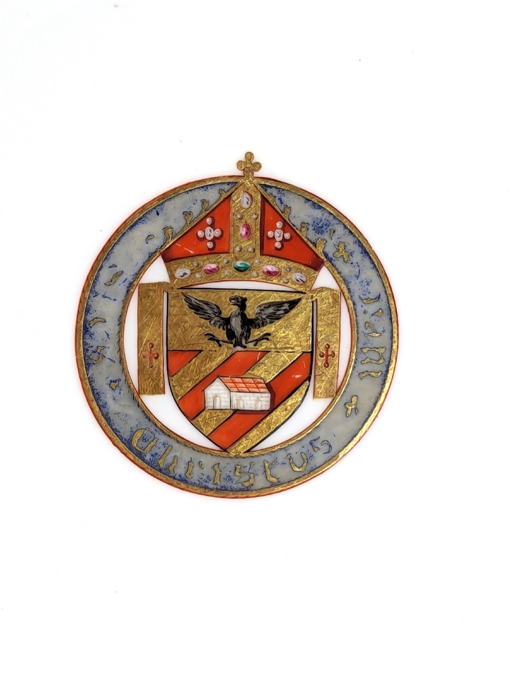 A pair of Victorian Minton porcelain cabinet plates featuring turquoise rims with gilt details, floral cartouches, and a central painted coat of arms. View III