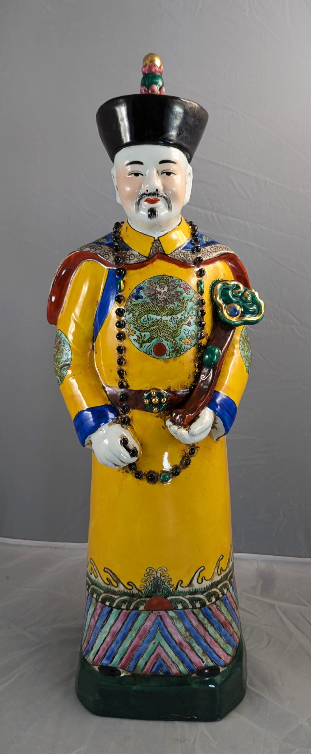 Antique Large Chinese Earthenware Figurine of Emperor, Qing Dynasty 