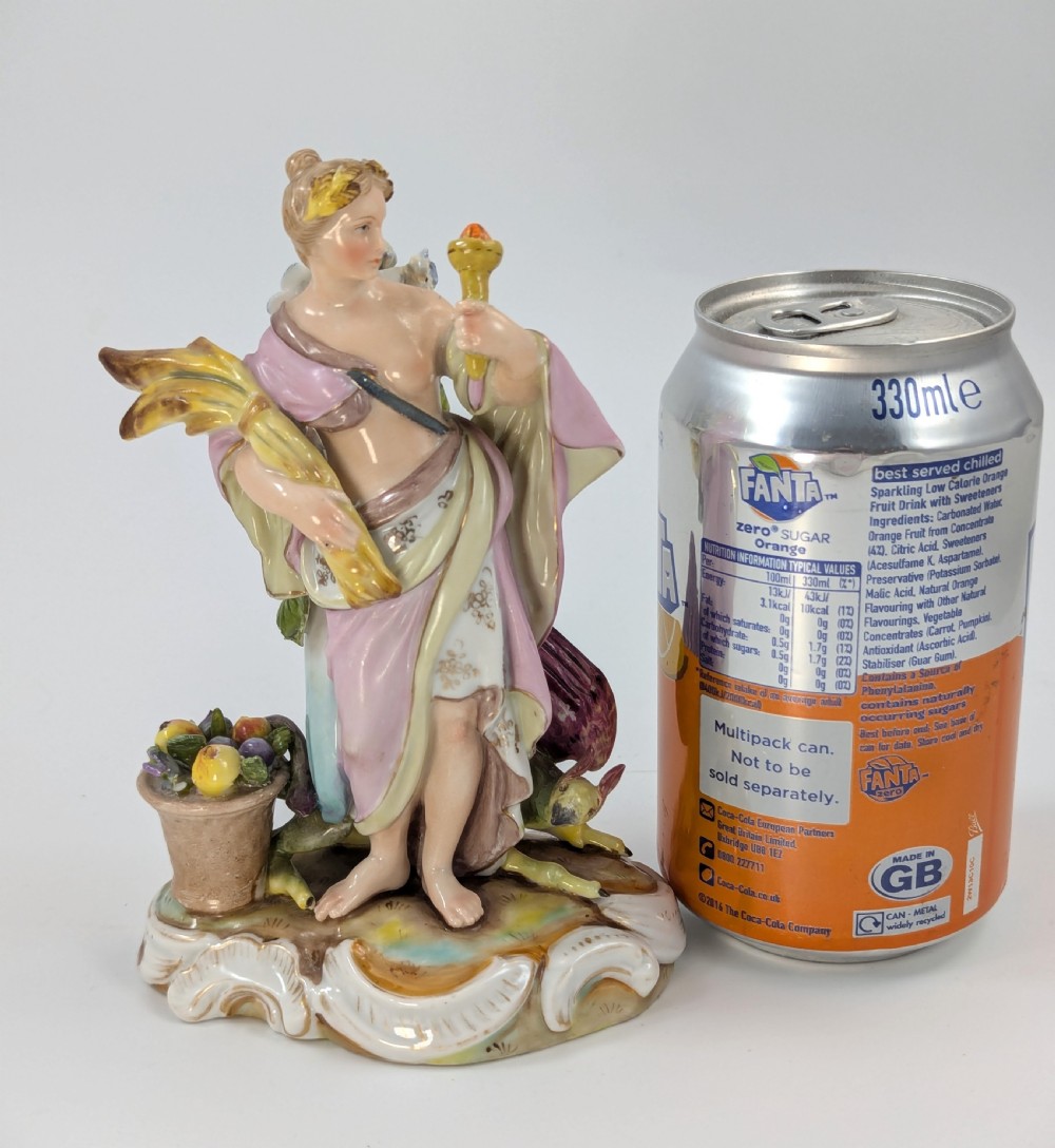 Late 19th-century German Volkstedt porcelain allegorical figurine depicting a draped female figure holding a torch and sheaf of wheat atop a gilded scroll base. View X