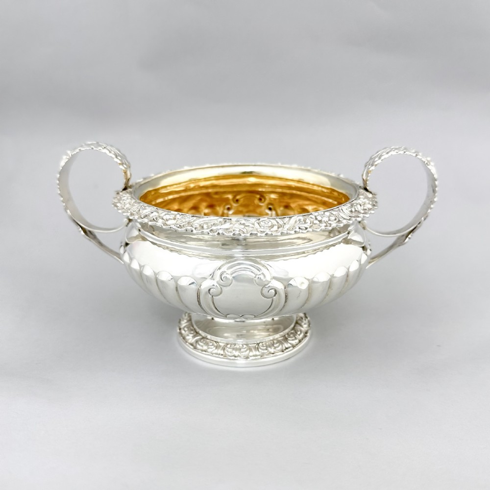George IV Scottish sterling silver sugar basin and milk jug, gilt interior, embossed floral design, Charles Bendy, Edinburgh, 1822 View II