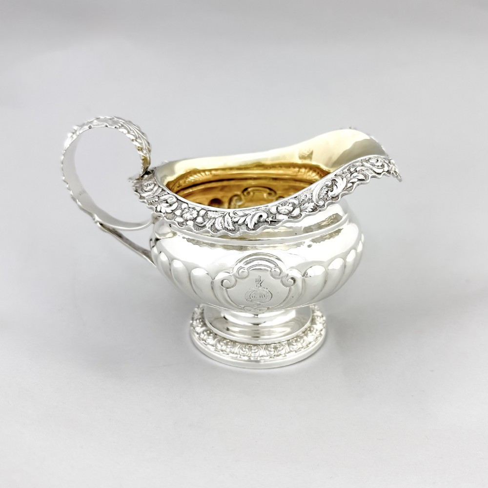 George IV Scottish sterling silver sugar basin and milk jug, gilt interior, embossed floral design, Charles Bendy, Edinburgh, 1822 View XVI