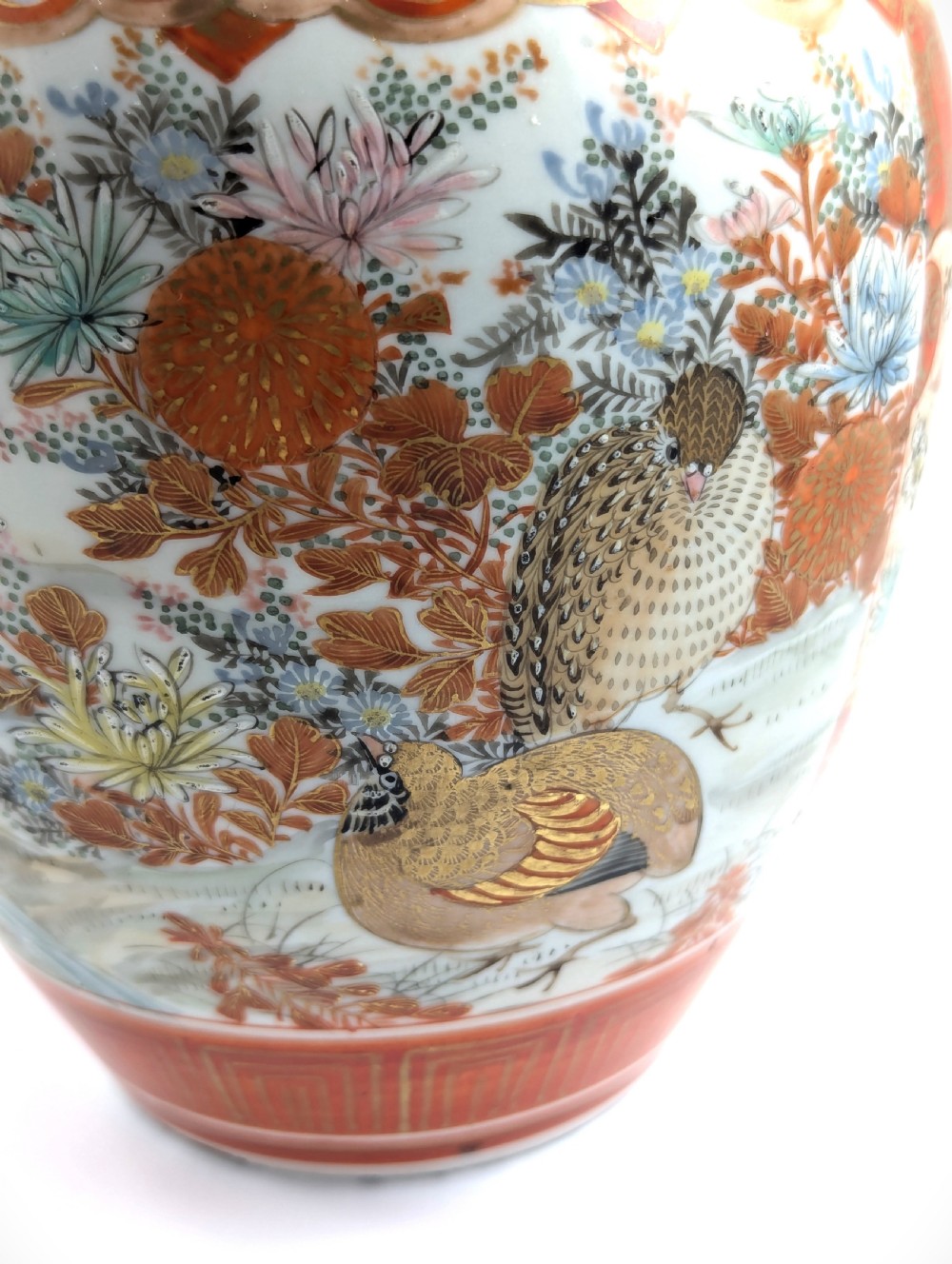 Rare Kutani porcelain vase with quails and lakeside scene, Japan Meiji period c. 1890 View X