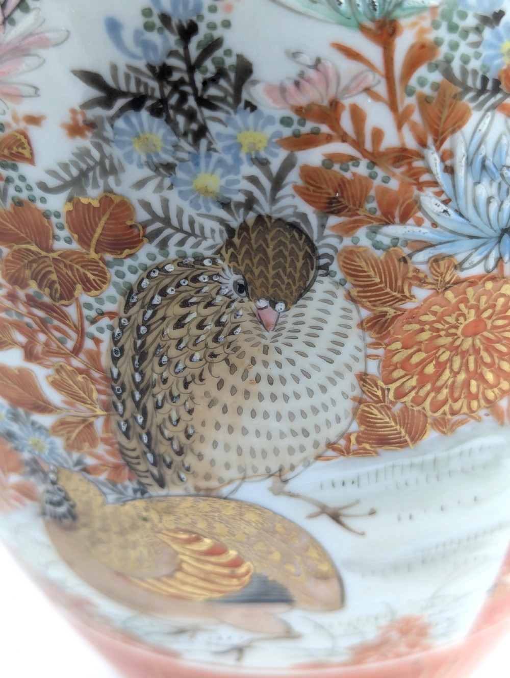 Rare Kutani porcelain vase with quails and lakeside scene, Japan Meiji period c. 1890 View XII