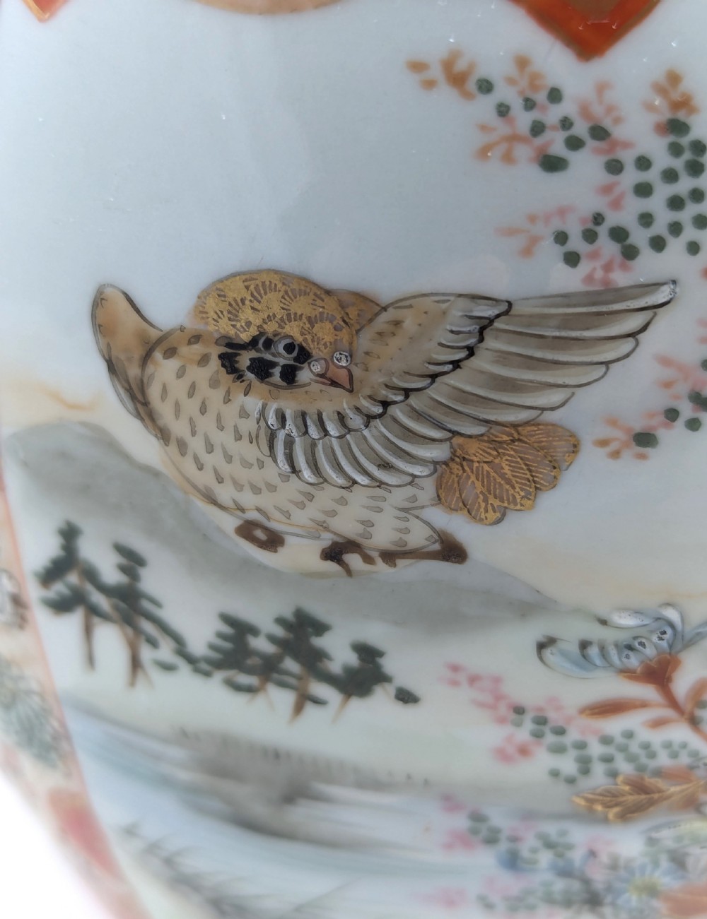 Rare Kutani porcelain vase with quails and lakeside scene, Japan Meiji period c. 1890 View XIII