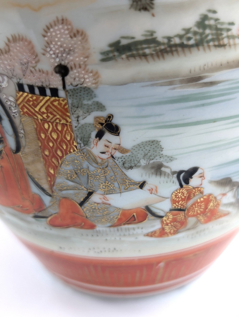 Rare Kutani porcelain vase with quails and lakeside scene, Japan Meiji period c. 1890 View XIV