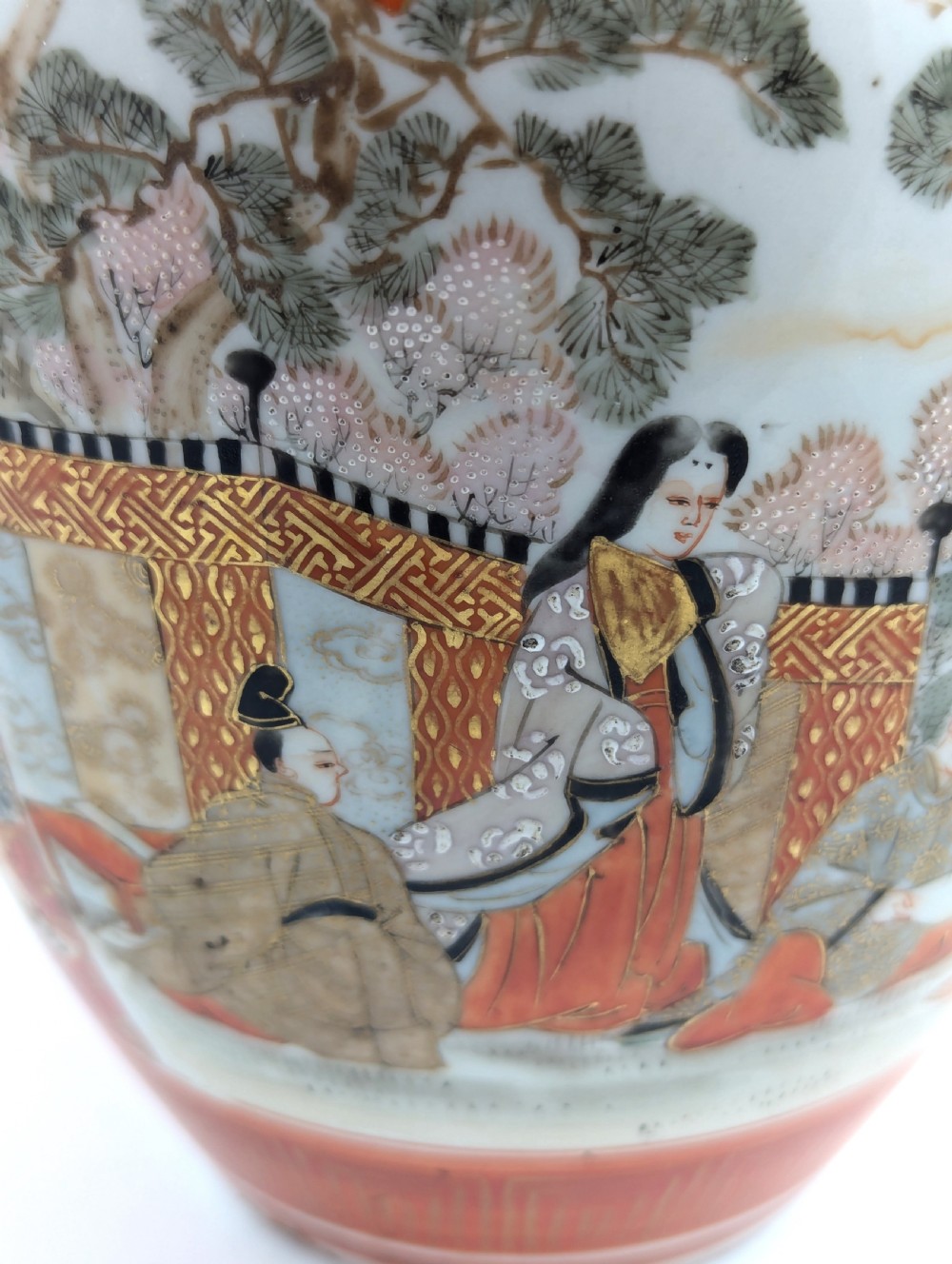 Rare Kutani porcelain vase with quails and lakeside scene, Japan Meiji period c. 1890 View XV