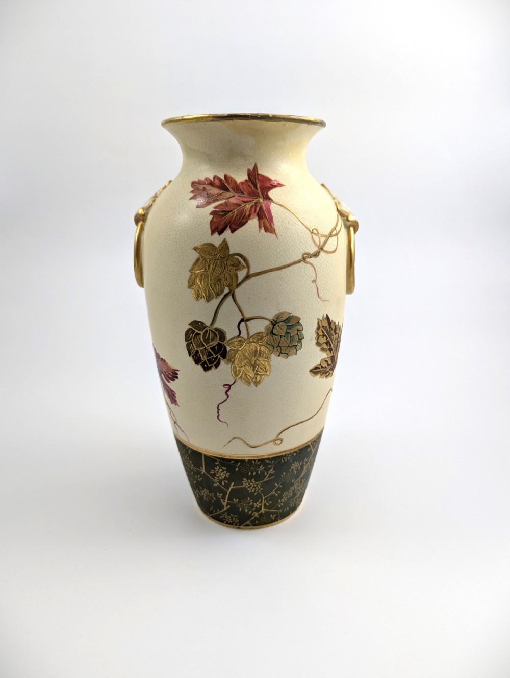 Antique Wedgwood Ivory Vellum vase painted with hop leaves and cones, c. 1880 View II