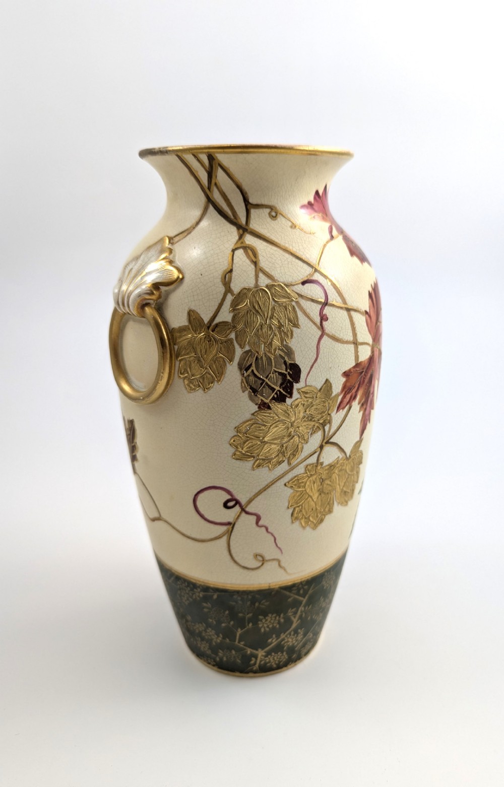 Antique Wedgwood Ivory Vellum vase painted with hop leaves and cones, c. 1880 View VII