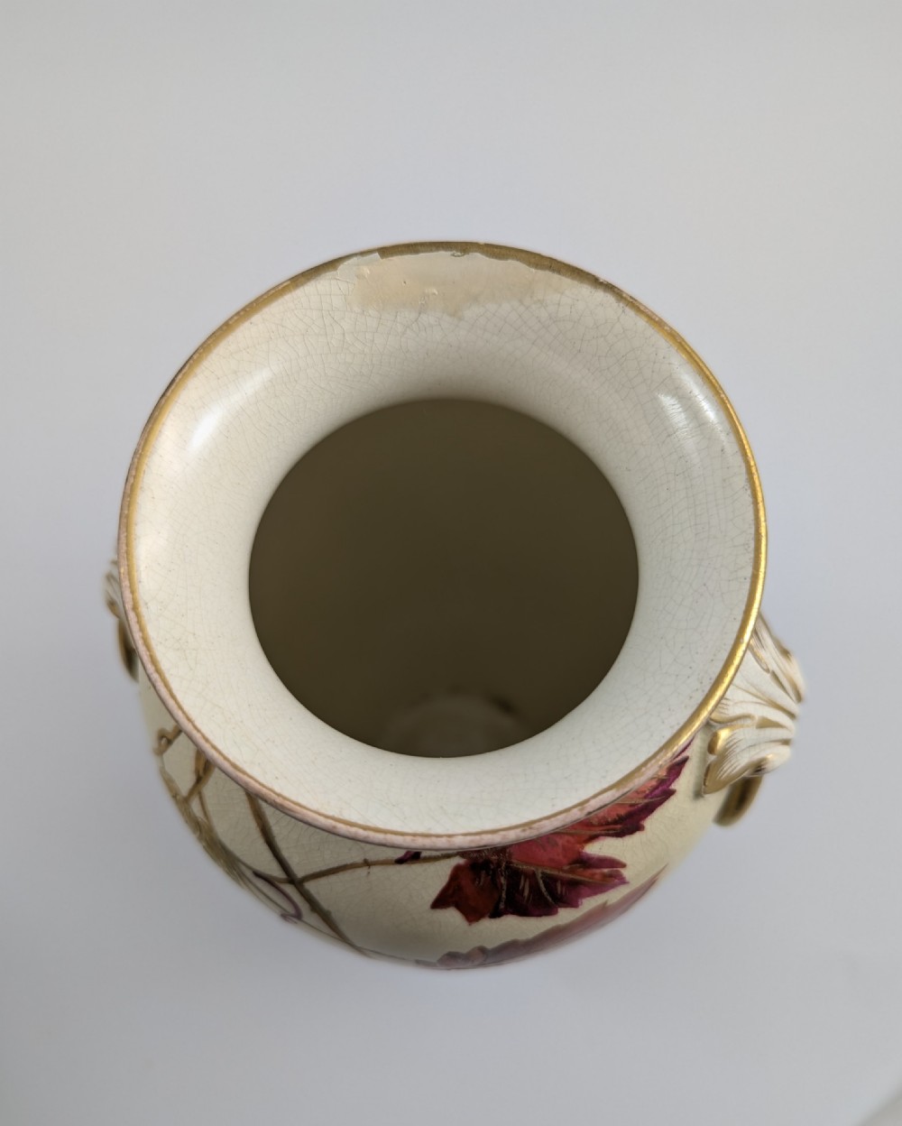 Antique Wedgwood Ivory Vellum vase painted with hop leaves and cones, c. 1880 View IX