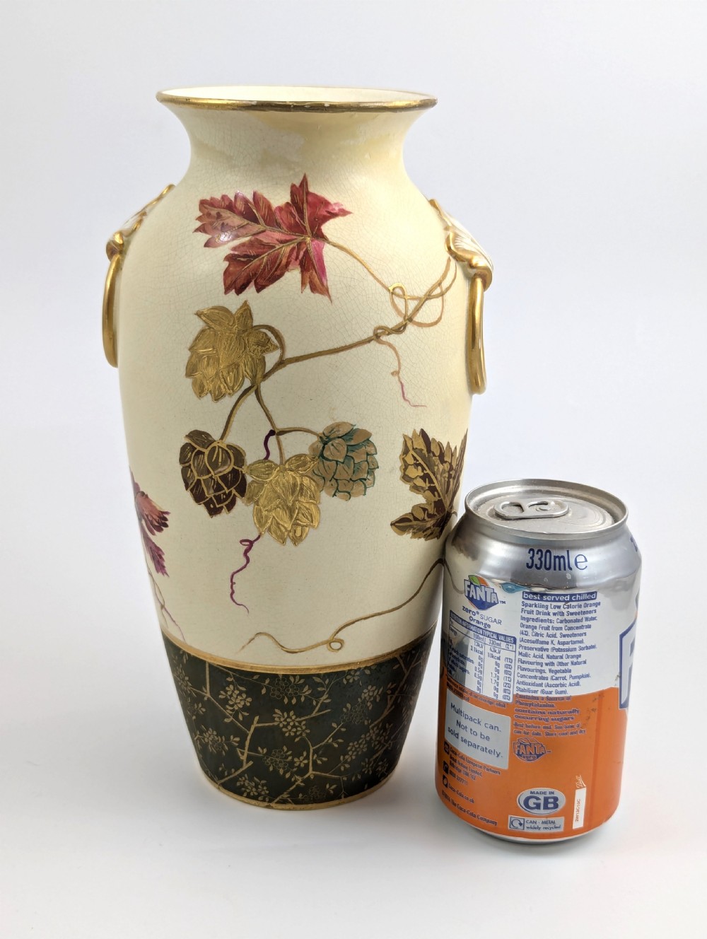 Antique Wedgwood Ivory Vellum vase painted with hop leaves and cones, c. 1880 View XI
