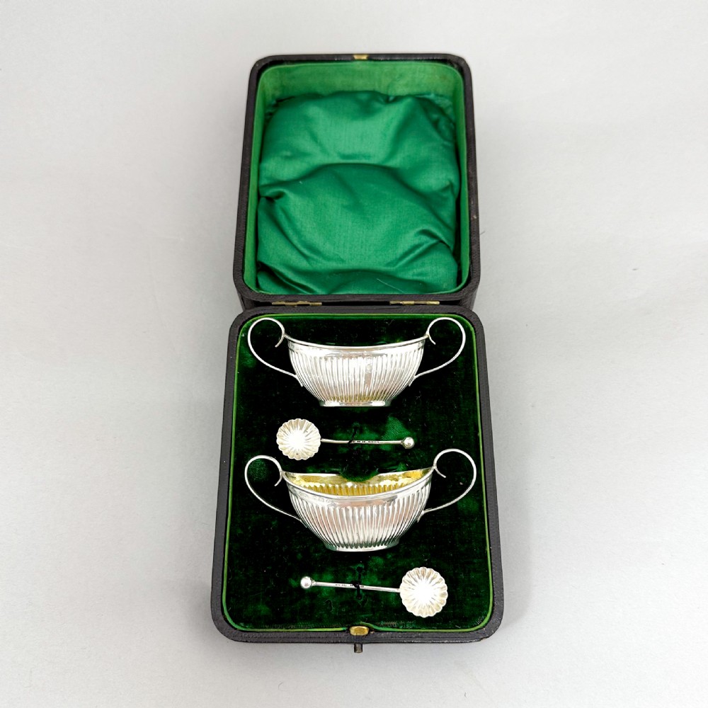Pair of antique gilt sterling silver boxed navette salts with shell spoons, 1900 View III