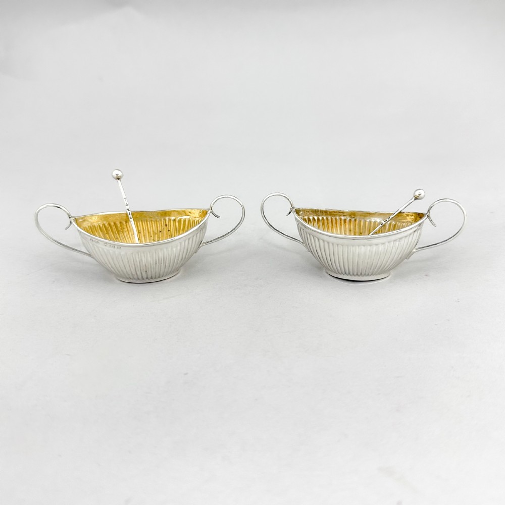 Pair of antique gilt sterling silver boxed navette salts with shell spoons, 1900 View VI