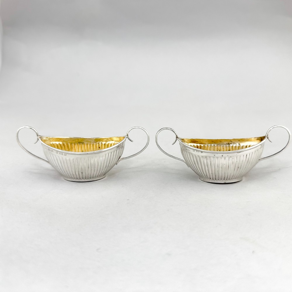 Pair of antique gilt sterling silver boxed navette salts with shell spoons, 1900 View VII