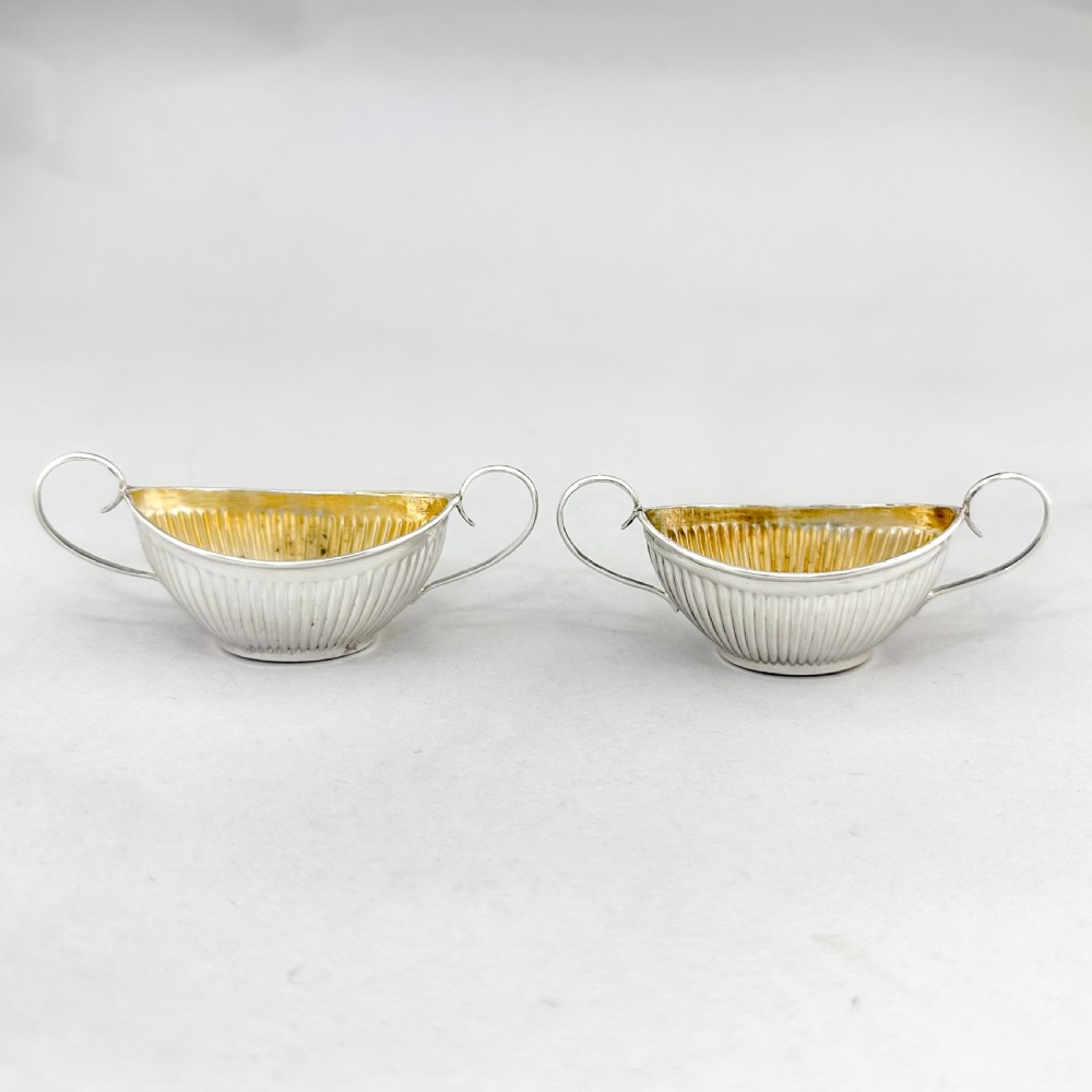 Pair of antique gilt sterling silver boxed navette salts with shell spoons, 1900 View IX