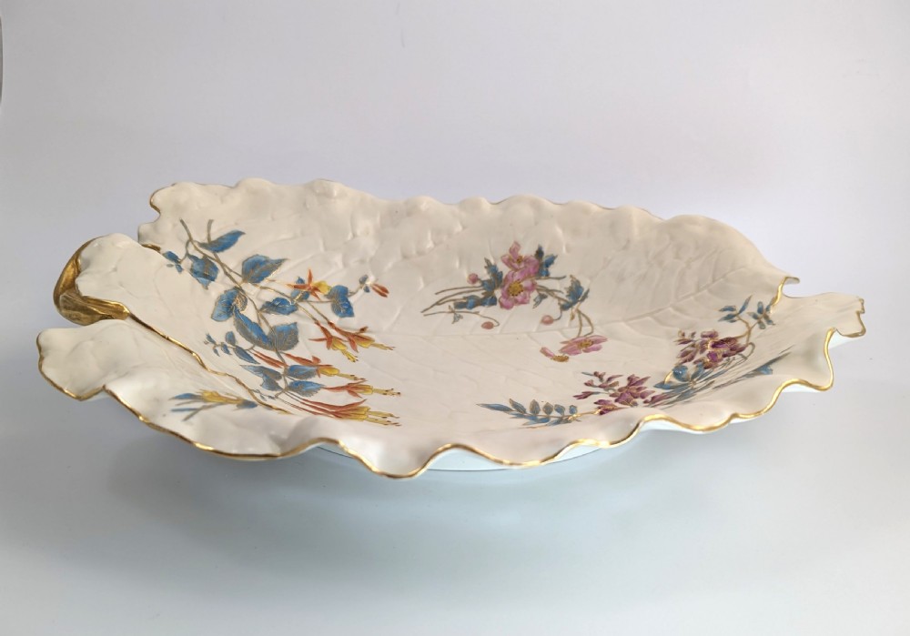Royal Worcester Hand-Painted and Gilt Porcelain Floral Leaf Dish, 1887 View V