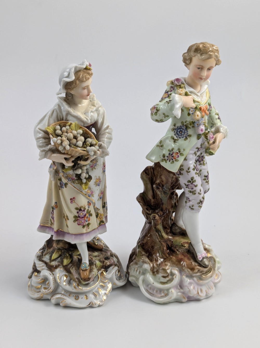 Triebner Volkstedt porcelain young couple with grapes and flowers, c. 1894 View V